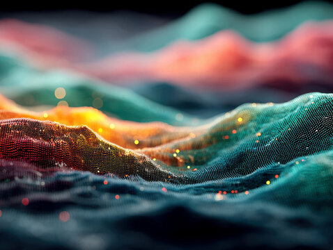 An abstract visualization of data analysis, AI, or information flow with a network of dots on a colorful, swirling surface, resembling a neural network or digital pathways - AI-Generated