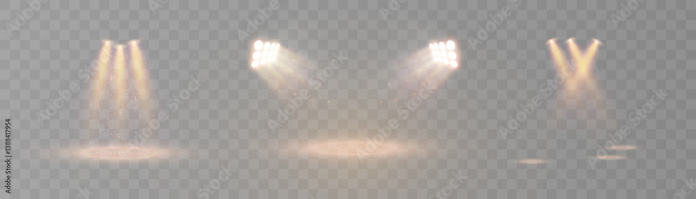 Poster set of realistic stage spotlight beams with glowing dust on transparent background. great for concer