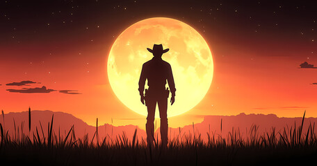Obraz premium Western Sunset Silhouette: A solitary figure stands silhouetted against the backdrop of a mesmerizing sunset, the warm hues painting a captivating scene. A lone cowboy, under a starlit sky.