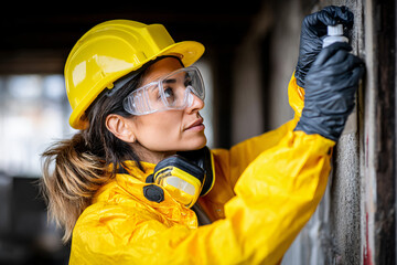 environmental technician taking air quality samples near contaminated bathroom ceiling, demonstrating professional assessment