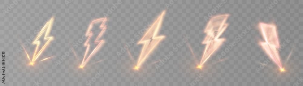 Poster set of glowing lightning icons in warm neon style with motion blur on transparent background. vector