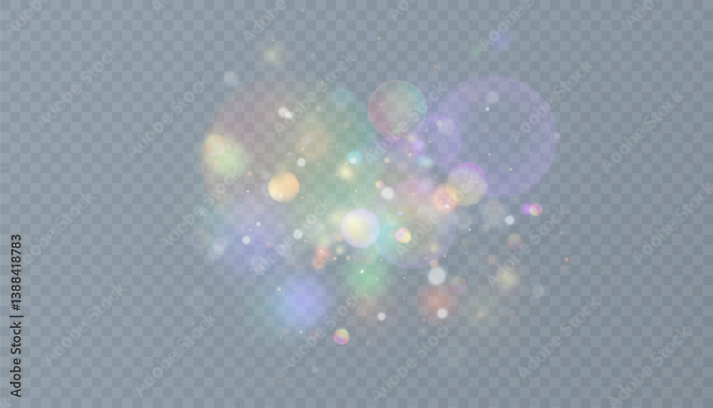 Poster colorful bokeh light effect with soft glow and particles on transparent background. great for festiv