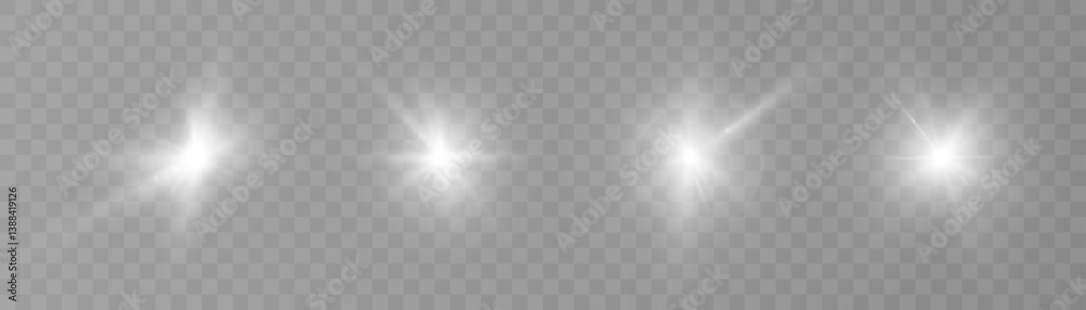 Poster set of white glowing light flares with soft blur on transparent background. ideal for highlights, sp