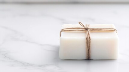 Simple, natural bar of soap tied with twine on a marble surface
