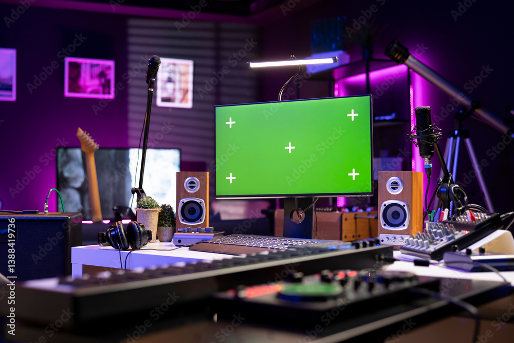 Poster Empty home studio equipped with mixing instruments and devices, soundboard console and mastering panel used for recording music. Greenscreen display on computer, signal processing.