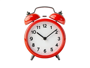 Retro red alarm clock isolated on stark white. Glossy finish, 11:15 time. Great for time management, deadlines, back-to-school, morning routines, and wake-up themes.