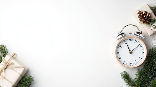 A classic alarm clock with a white face and silver accents sits centrally. Two gifts and pine branches frame it. High-resolution, bright lighting creates a clean aesthetic. The style is minimalist