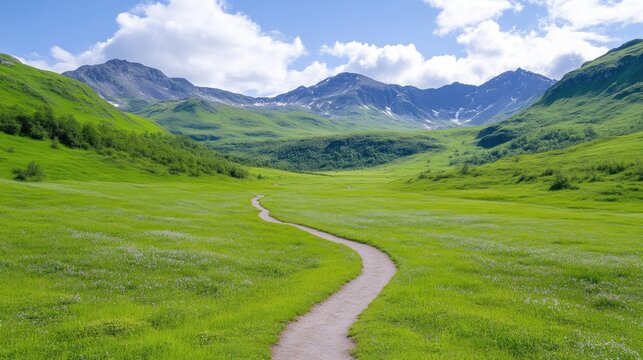 A winding path cuts through a vibrant green meadow. Mountains rise in the background under a mostly sunny sky. The image is high-resolution with sharp details and natural lighting. Its style is seren