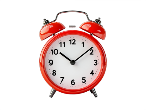 Retro red alarm clock isolated on stark white. Glossy finish, 11:15 time. Great for time management, deadlines, back-to-school, morning routines, and wake-up themes.