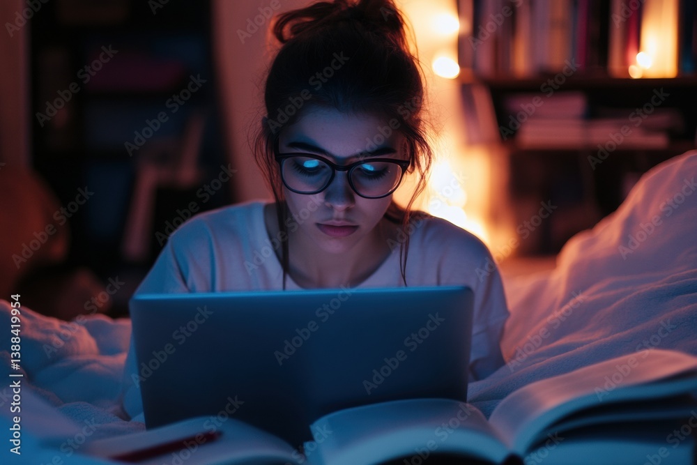 Poster student engages in online learning with focused concentration in a cozy environment, surrounded by b