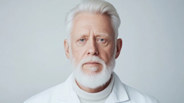 A high-resolution photo shows an older man with white hair and beard, wearing a white lab coat. The portrait is simple, with a neutral background. The lighting is even, creating a professional feel.