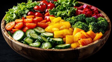 Vibrant vegetable medley in a rustic bowl on black background