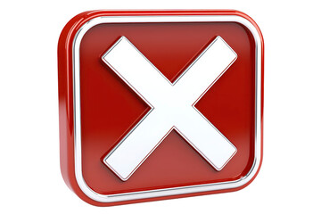 Obraz premium A red 3D square icon with white X symbol in center, representing cancel or close action. icon has glossy finish and metallic border, giving it modern and sleek appearance