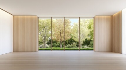 Fototapeta premium Empty modern room with large window overlooking trees