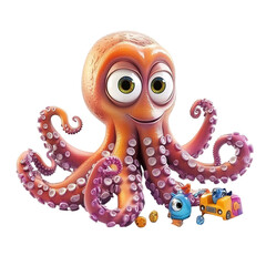 A 3D Cartoon Octopus Playing with a Toy and Toy Car Isolated on Transparent Background