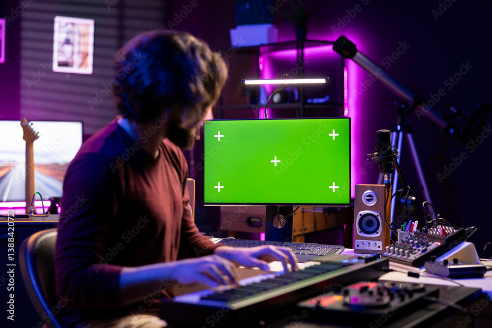 Poster Audio engineer playing electronic piano keyboard in home studio, recording tunes an watches computer with greenscreen after creating a melody on midi controller. Artist uses synthesizer notes.