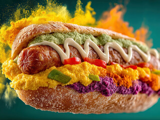 Vibrant gourmet hot dog image with luxurious toppings, including mustard, relish, red onions, purple sauce, gold glitter, and a sweetseasoned bun The concept is targeted at food enthu - AI-Generated