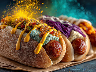 Colorful, appealing hot dog advertisement with vibrant sauces and toppings that suggest a high taste appeal Focus on visual aesthetics and flavor profile - AI-Generated