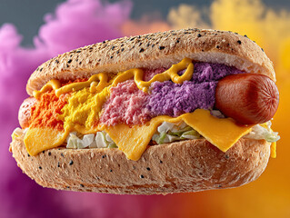 Vibrant concept image showcasing a special edition hot dog on brioche, set against a colorful, rainbow-effect background Intended for advertising unique flavors and colorful food prese - AI-Generated