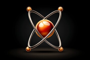 Abstract Atom Model Metallic Rings and Amber Core on Black Background