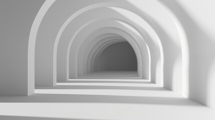Fototapeta premium Bright sunlight floods the end of a hallway, highlighting the stunning arch structure in this premium 3D interior design photo.