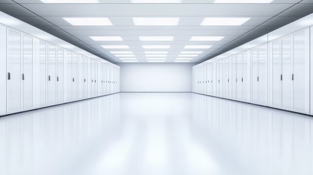 Discover a vast data center filled with neat rows of server cabinets, driving innovation through cuttingedge cloud tech. - Powered by Adobe