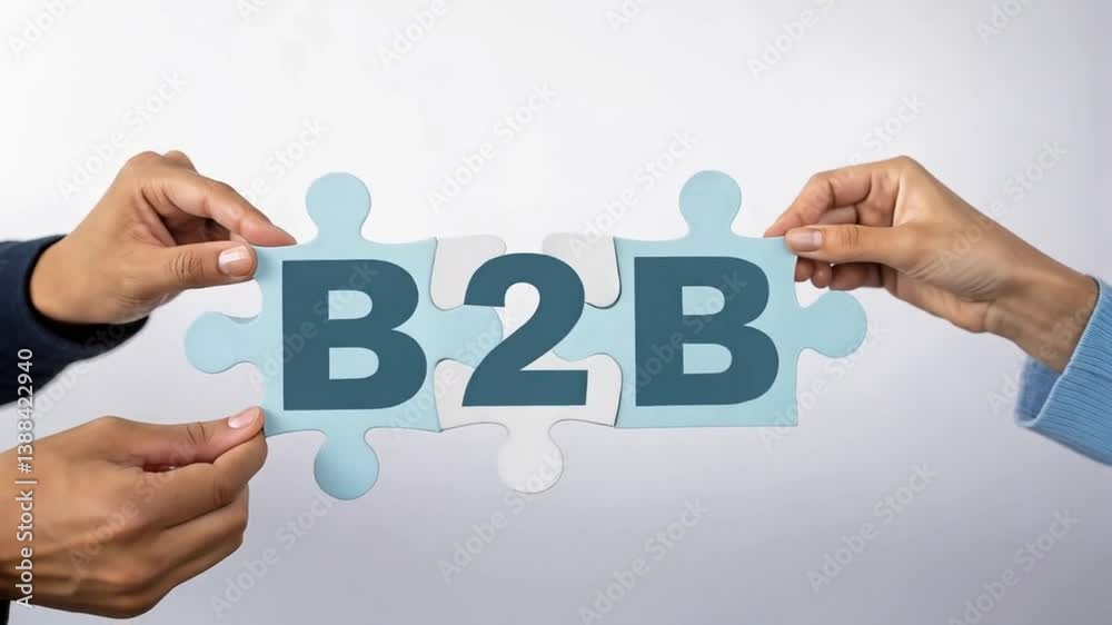 Poster hands assembling b to b puzzle pieces against a white background symbolizing business connections