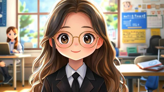 A vibrant chibi portrait of an yearold girl in a Thai school uniform, showcasing a lively classroom background.