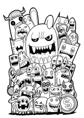 Hand-drawn illustrations, monsters doodle, Hand Drawn cartoon monster illustration,Cartoon crowd doodle hand-drawn Doodle style.black and white stripes coloring  book.