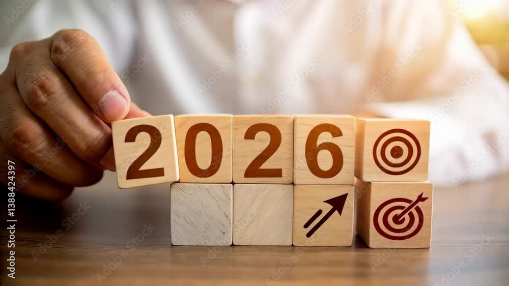 Aufkleber person arranging wooden blocks to display the year twenty twenty six with target and arrow icons