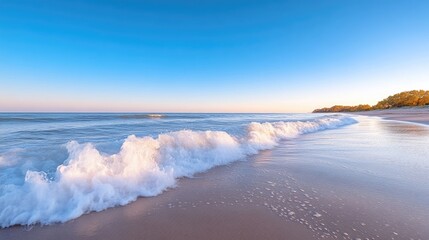 Fototapeta premium Tranquil beach sunrise. Soft waves gently caress the shore at dawn