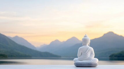 A serene white Buddha statue sits in profile, facing a tranquil lake and mountain range at sunset. The composition is simple and peaceful. The image is high-quality with soft, natural lighting. Its