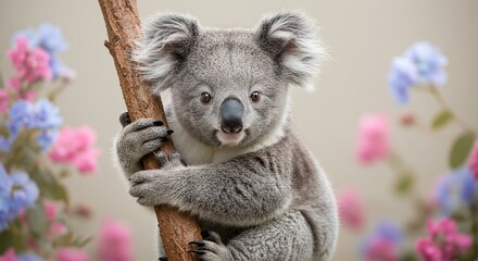 Obraz premium Adorable Koala Bear Cub Climbing Tree Branch in Blooming Garden with Pink and Blue Flowers
