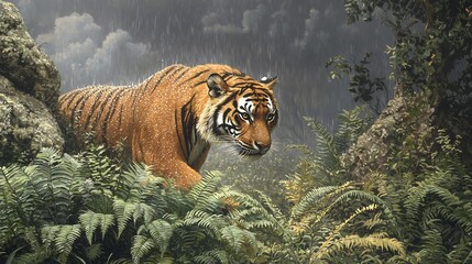 Close up of Bengal tiger stalking through misty Indian jungle monsoon raindrops orange fur green ferns in foreground environmental portrait