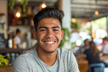 Fototapeta premium Portrait of a smiling young hispanic man in a coffee shop
