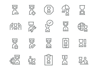 Hourglass Icons: Time and Action Symbols
Set includes hourglass icons with various additions like plus, minus signs, tools, marks, symbolizing time management, popular in interface design.