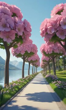 a beautiful lakeside walkway lined with trees that have lush flowers resembling hydrangeas or large cherry blossoms