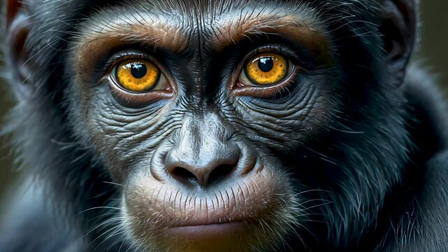 Close-up of chimpanzee face showing deep golden eyes and emotional expression