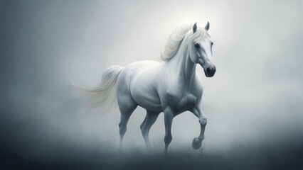 Fototapeta premium White horse galloping through misty landscape at dawn in ethereal light