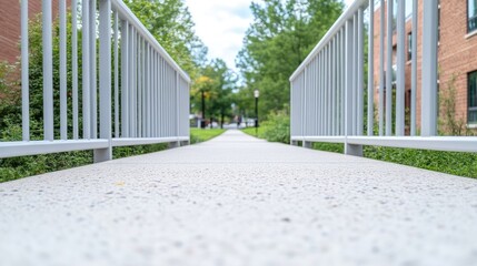 A light gray concrete walkway is flanked by white metal railings. Buildings and trees are visible in the background. The image is well-lit, showcasing a clean, simple aesthetic. The overall mood is