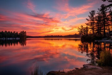 Fototapeta premium Sunset over a serene lake, peace