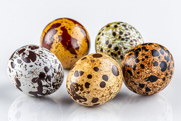 Obraz premium artisanal quail eggs displaying unique spotted patterns and authentic natural coloration, gourmet food ingredient