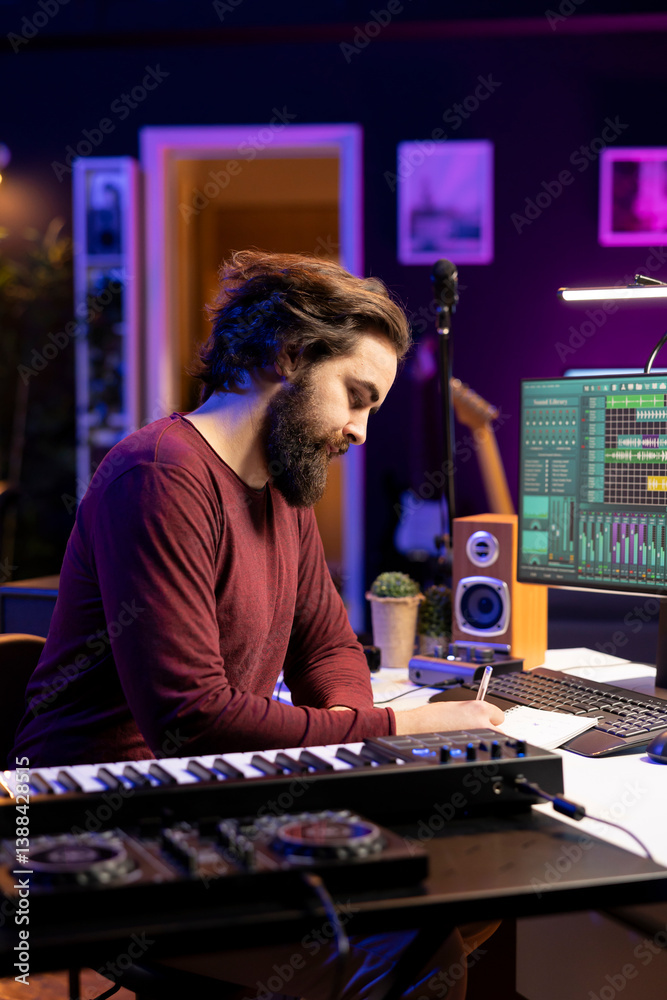 Aufkleber young composer writing rhymes and lyrics to create new song in home studio, thinking about harmonic 