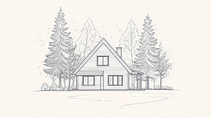 Fototapeta premium Cozy Cabin in the Woods: A charming cabin nestled amongst tall trees, rendered in detailed grayscale, offers a glimpse of serene countryside living, perfect for those seeking a peaceful retreat.