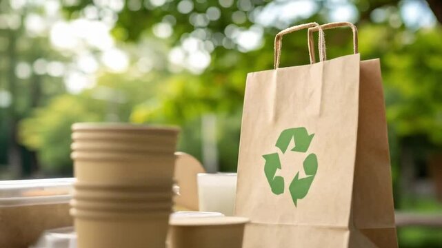 Eco friendly disposable tableware and brown paper bag with recycle logo on wooden surface outdoors