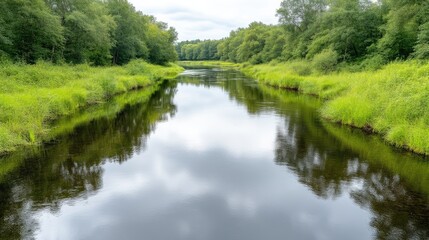 Obraz premium Serene River Lush Green Banks Tranquil Natural Style High-Definition Sharp Focus Landscape Wide Shot Reflective Water Surface Peaceful Flowing Water Cool Green Tones Ideal for Nature Documentaries
