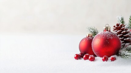 Two glossy red ornaments, dusted with snow, rest on a snowy surface. A pine branch and pinecone are nearby. The image is high-resolution with soft, natural lighting. The style is minimalist and fes