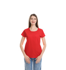 Fototapeta premium Woman wearing blank red t-shirt on white background. Mockup for design
