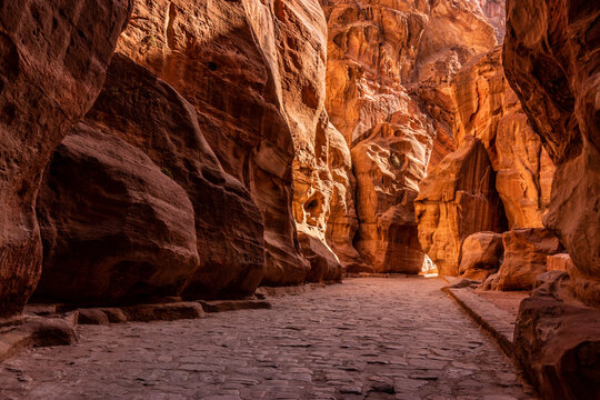 The Siq gorge, main entrance to the ancient city Petra, Jordan