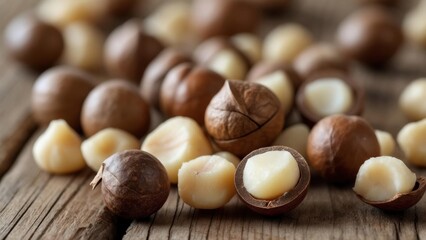Macadamia nuts displayed on rustic wooden surface, showcasing their rich textures and colors